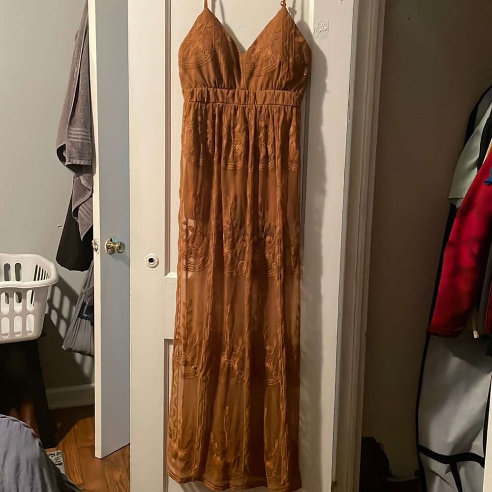 Haute Monde Burnt Orange Shorts Romper with lace dress overlay